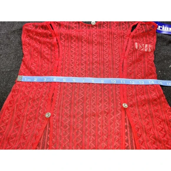Vintage 80s 90s Red Mesh Geometric Double Slit Nightgown Lingerie Long Sheer M‎